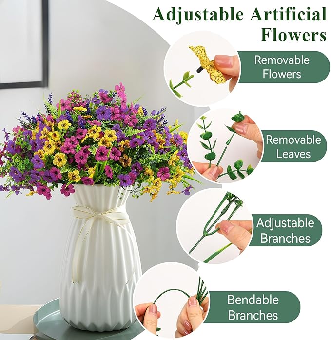 Alupssuc 48 Bundles Artificial Flowers for Outdoors Planters Spring Decoration, UV Resistant Faux Eucalyptus Violet and Lavender Silk Fake Plants for Outside Indoor Yard Home Patio Decor, Mix 3 Colors