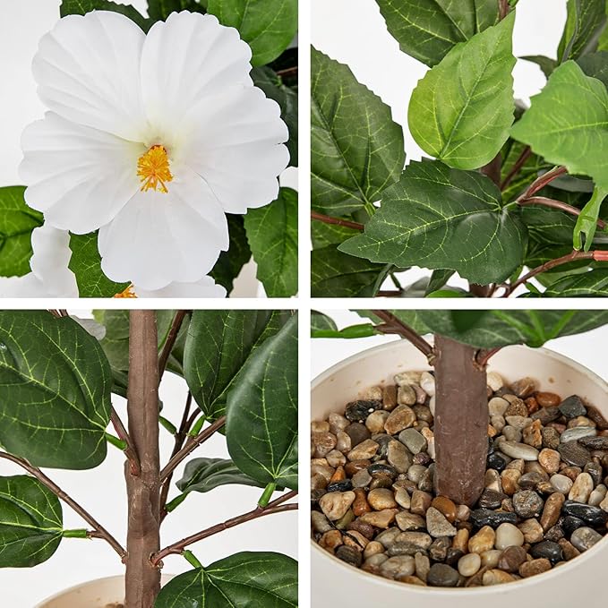 Briful Artificial Hibiscus Potted Plant 20.8” Tall, Realistic Silk Hibiscus Flowers Farmhouse Table Decor, Faux Tropical Flower Plant in Pot for Living Room Table, Entryway, Office, Home Decor, White