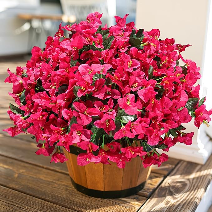 Fake Bougainvillea Artificial Flowers for Outdoors Spring Decor, 4 Bundles Outdoor Bougainvillea Silk Flowers for Outside Faux Plants UV Resistant Realistic for Planter Patio Porch Garden, Hotpink