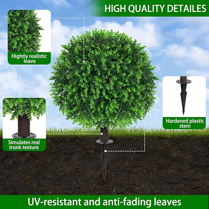 Yangrass Artificial Eucalyptus Topiary Ball Trees with Ground Spike, Set of 2 UV Resistant Artificial Shrubs, Fake Evergreen Artificial Plant Bushes for Indoor Outdoor Front Porch Garden