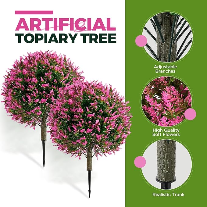 Lunmon 2 Pack 24" Artificial Topiary Ball Plants Trees with Flowers, Outdoor Fake Topiary Plants with Ground Spike, UV Resistant Faux Bushes for Indoor Outdoor Front Door Decor(Rose Pink,Lavender)