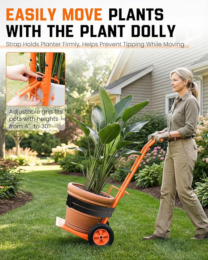 Plant Caddy with Wheels, USA Original Patent, Foldable Plant Dolly Cart with Adjustable Grabbing Arm and Strap, 176 Lbs Heavy Duty Plant Cart for Plant Pots, Indoor & Outdoor Use (Orange)