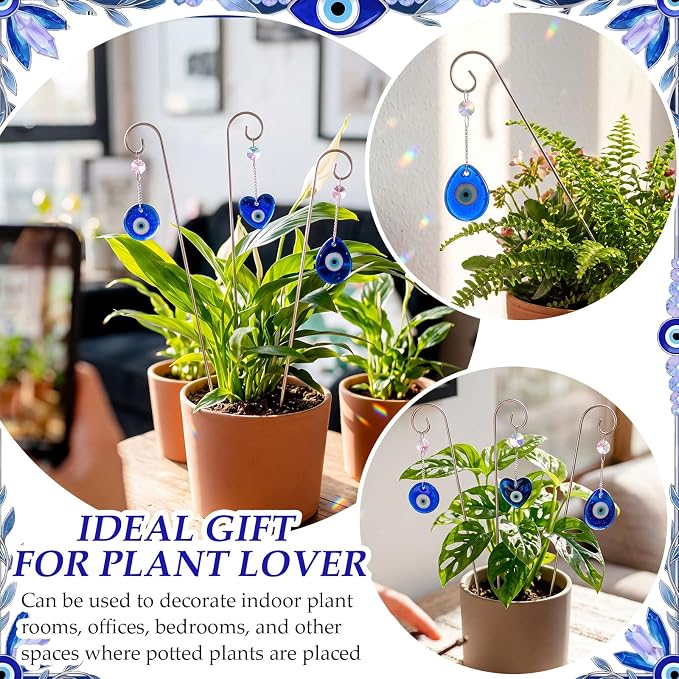 6 Pack Plant Trellis for Potted Plants with Evil Eye Glass Suncatcher 11.81 inch Metal Plant Stake for Indoor Outdoor Garden Suncatchers Decorations