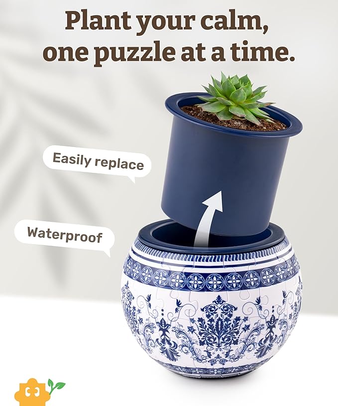 PieceRelax 3D Puzzle Planter - Classic Ornamental Style - Small Round Plant Pots with Drainage, for Mom, Home Decor Flower Pots for Indoor Cactus, Succulents Pots [K1103]
