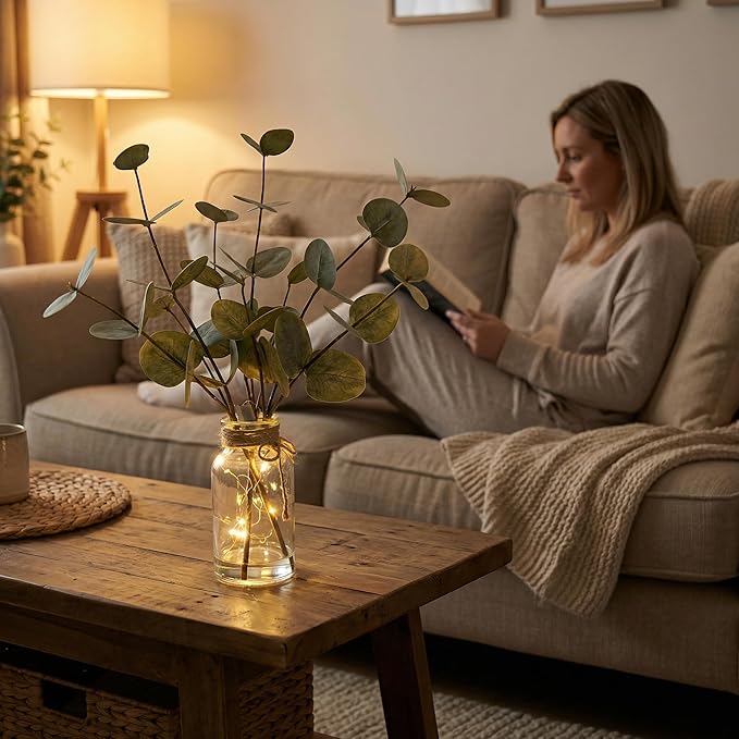 Bessol Artificial Eucalyptus Stems in Glass Vase with Faux Water, 13.5" Fake Plants for Home Decor, Coffee Table Centerpieces, Office, Bathroom & Farmhouse Weddings - Faux Greenery Plants Decorations