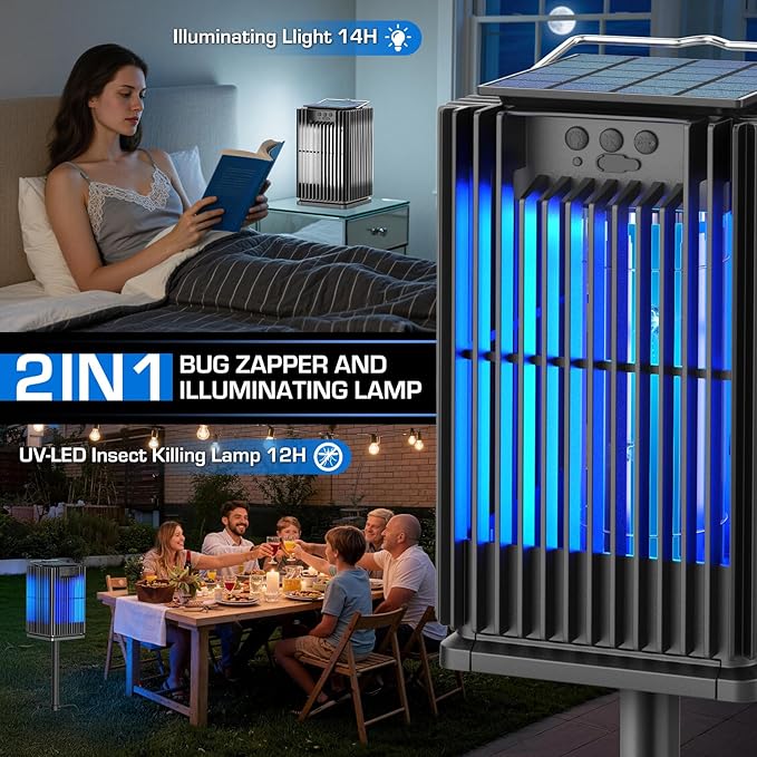 Solar Bug Zapper Outdoor, Waterproof Mosquito Zapper Type-C & Solar Powered, Auto On/Off, Cordless 4200V Electric Fly Zapper, 5000mAh Rechargeable Mosquito Trap Killer for Patio Backyard Camping