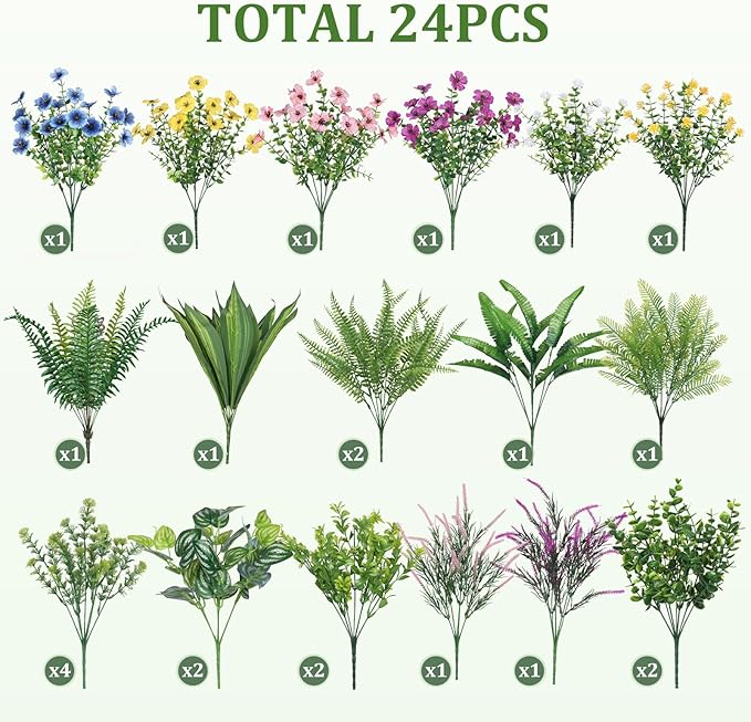 Alupssuc 24Pcs Artificial Flowers and Plants,UV Resistant & No Fade Fake Plastic Greenery Shrubs for Home Garden, Pathway, Front Porch-Spring Summer Decor, Indoor/Outdoor Use,Pink Purple Yellow Blue