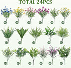 Alupssuc 24Pcs Artificial Flowers and Plants,UV Resistant & No Fade Fake Plastic Greenery Shrubs for Home Garden, Pathway, Front Porch-Spring Summer Decor, Indoor/Outdoor Use,Pink Purple Yellow Blue