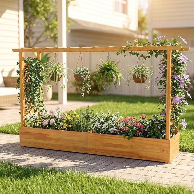 Happygrill 45" Raised Garden Bed with Trellis, 2 Pack Wood Planter Box w/Hanging Roof, 2 Side Trellises, Open-Ended Base for Flower, Climbing Plant, Plant Container for Garden