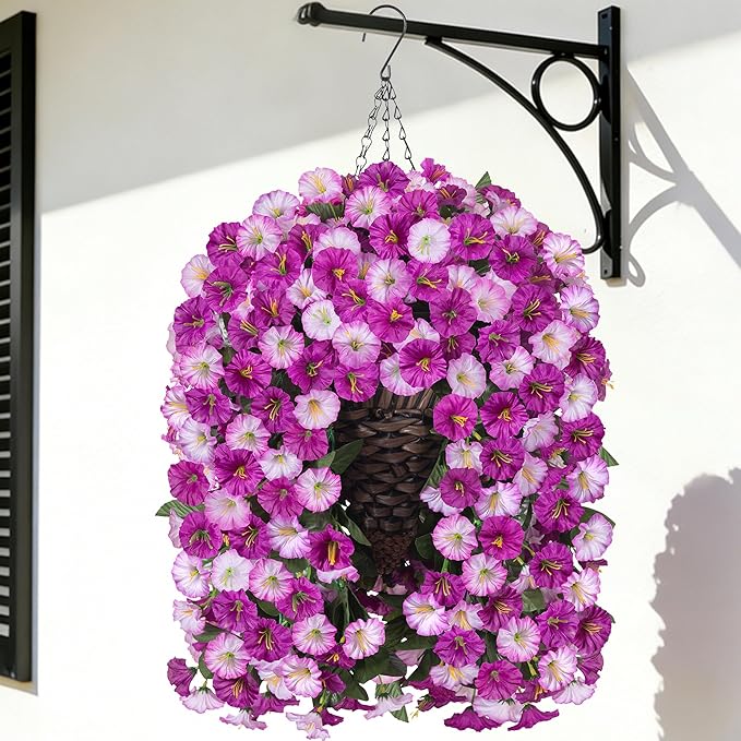 Artificial Fake Flowers Plants Hanging Baskets Outdoor Outside Spring Decor, Faux Silk Light Fuchsia and Fuchsia UV Resistant Look Real Morning Glory Home Patio Porch Balcony Decoration