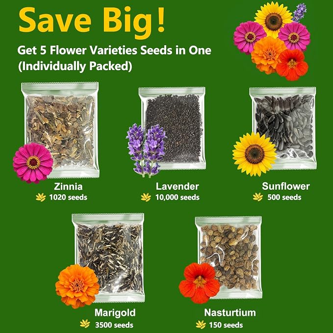 LUOJIBIE 5 Varieties Flower Seeds in Individual Packs, Includes Zinnia, Lavender, Sunflower, Marigold Nasturtium, 15,000+ High Germination Non-GMO Seeds for Planting Indoor Outdoor, Open Pollinated
