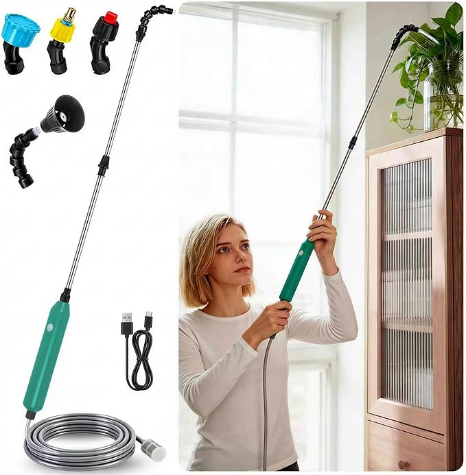 High Reach Plant Waterer USB-C Rechargeable Cordless, Garden Hose Sprayer Wand with Telescopic (34 In),One-Touch Electric Gardening Tools Watering Wand, For High Hanging Plants Watering Devices