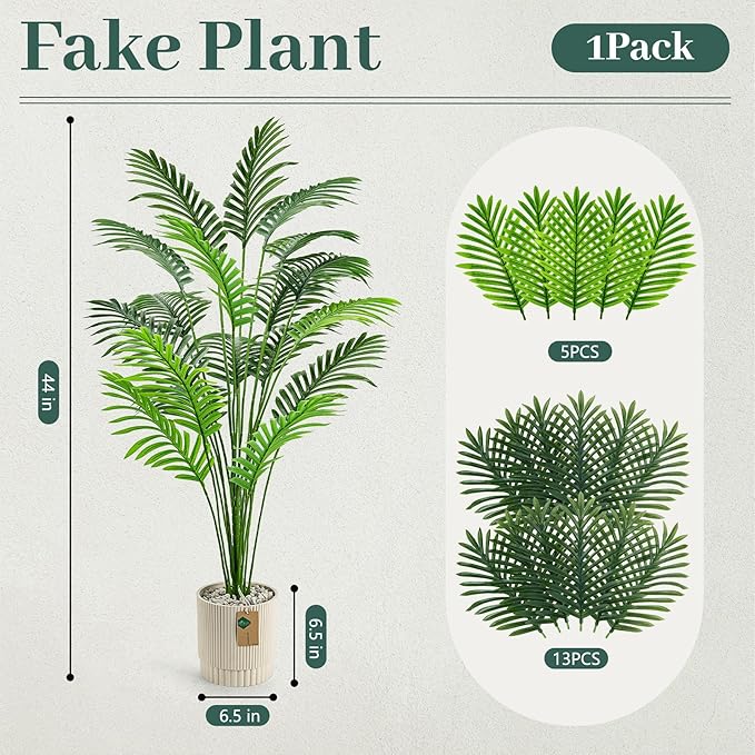 Der Rose 44'' Artificial Palm Tree Large Fake Tropical Faux Plants Indoor and Outdoor Tall for Home Bathroom Porch Outside Patio Decor (Light Beige Pot)