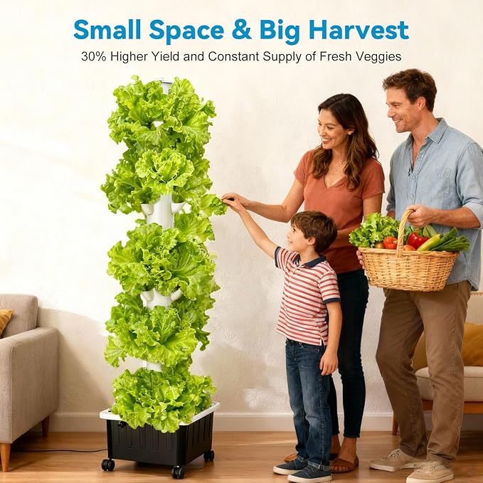 JESLED Hydroponic Tower with 5000K Full-Spectrum Grow Lights, Dual Timers for Auto Watering & Lighting, Hydroponics Growing System with 20L Water Tank, High 66.2", Home Indoor Garden