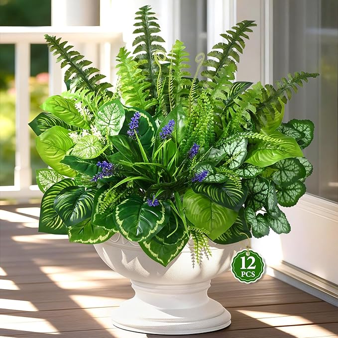 Livole 12 Pcs Artificial Plants Outdoor Faux Plants Fake Greenery Stems with Boston Fern Lavender Morning Glory UV Resistant Artificial Flowers for Outdoors Porch Patio Garden Spring Summer Home Decor
