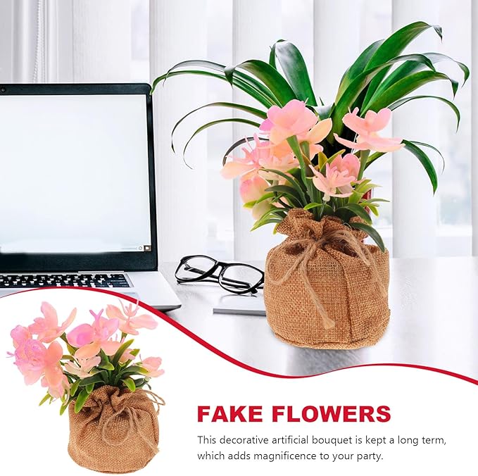 KALLORY Artificial Phalaenopsis Orchid Potted Plant Faux Bonsai with Jute Bag, Simulation Orchid Flower Home Tabletop Decor for Living Room and Office,