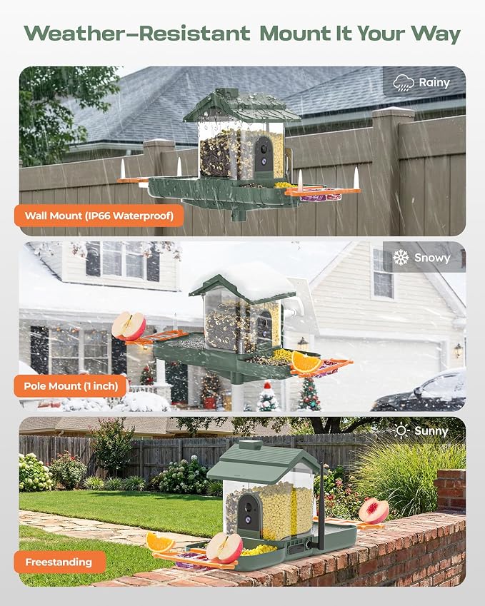Bird Feeder with Camera and Bird Bath for Outdoors, Dual-Lens 2K HD Video with AI Identification, Solar Powered, Instant Alerts, IP66 Weatherproof