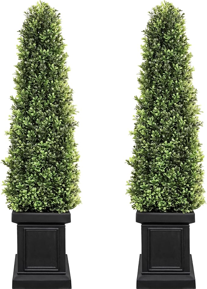 3.5ft Boxwood Outdoor Topiary Set of 2, Tall All Year Green Fake Plant Topiary Trees Artificial Outdoor Porch Trees with Sturdy Pot for Outdoor Indoor (Square)