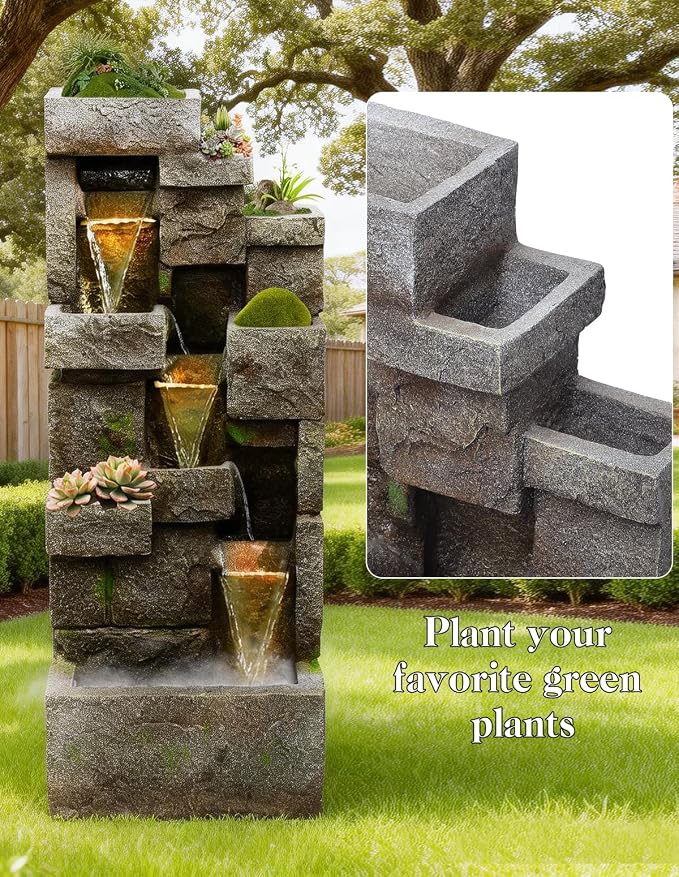 41.7" Outdoor Water Fountains 3 Tier Modern Floor-Standing Fountain with LED Lights and Pump Outdoor Rock Waterfall Fountain for Garden, Yard, Porch, Patio, Home Decor, Yellow