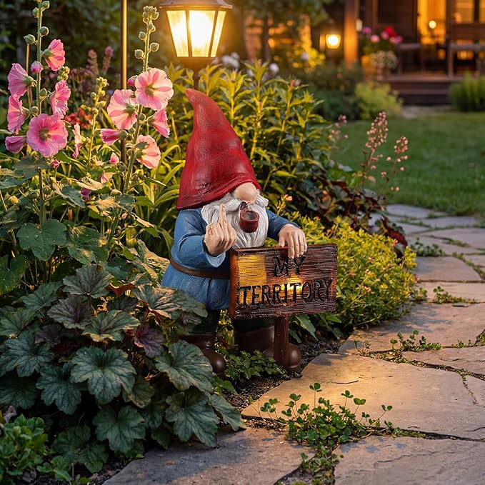 Lavezee Funny Garden Gnome, Middle Finger Gnomes Statue with Solar Lighted Sign – “My Territory” for Patio Backyard Porch Outdoor, Humorous Housewarming Gifts for Men Dad Husband