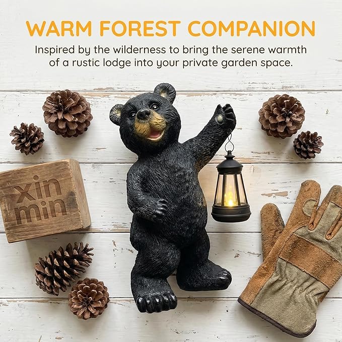 Solar Black Bear Garden Statue - 14" Resin Figurine with Solar LED Lantern, Auto On/Off Waterproof Decor, Dual Use Indoor Outdoor Light for Patio Yard Porch