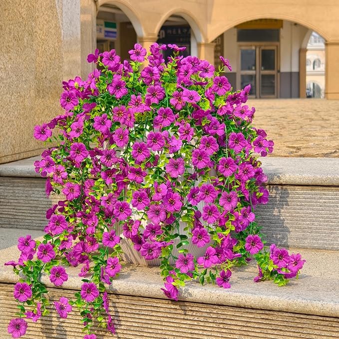 4 Pcs Fake Outdoor Artificial Flowers For Outdoors Uv Resistant, Plastic Flowers For Outdoors, Fake Hanging Plants Faux Flowers For Outdoor Planters, Silk Spring Flowers For Outside Porch（Purple ）