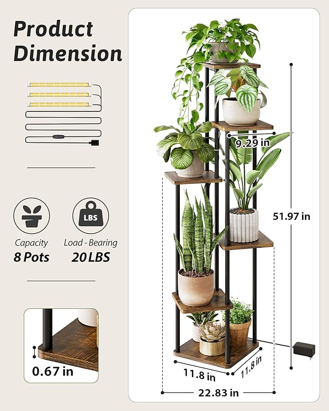 Plant Stand with Grow Light for Indoor Plants Corner Plant Stand 6 Tier Metal Plant Shelf Tall Plant Stand Plant Table Flower Stand for Living Room Bedroom Balcony Patio Brown Oak