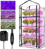 Indoor Greenhouse with Grow Lights, 4-Tier Mini Greenhouse w/Multiple Modes Plant Lights & Waterproof Base Mat & Zippered Door, Walk-in Green House for Growing Plants, Seed Starting, Seed Tray