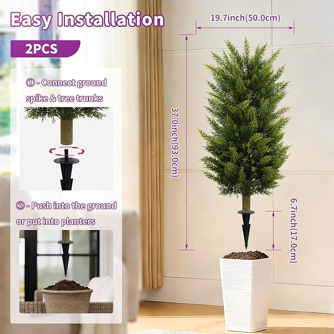 Set of 2 3FT Artificial Cedar Topiary Trees with Thickened Ground Spike, UV Resistant Faux Evergreen Bushes Fake Cypress Shrubs for Indoor Outdoor Front Porch Garden Decor