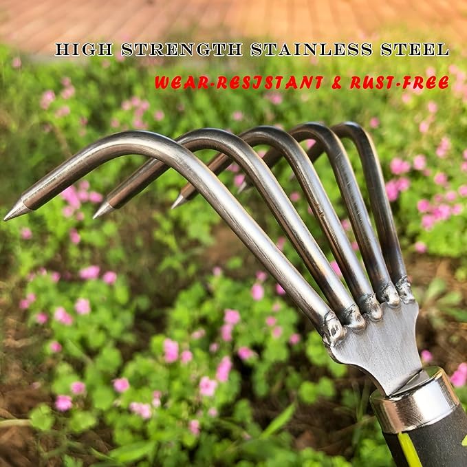 SHANFEEK Garden Rake 5-Claw Landscape Dethatcher Thatching Beach Combing Rake for Digging Clam Shell Defoliation Hoe Garden Tool for Loosen The Soil (Green)