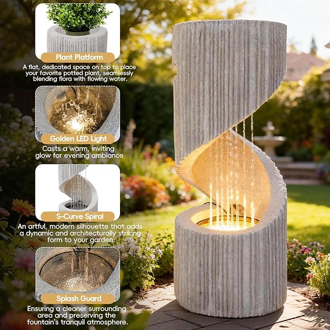 30" H Outdoor Water Fountain with LED Light, S-Shaped Modern Curved Outdoor Fountain, Spiral Column Fountain, Decorative Waterfall Feature with Flat Top Plant Display for Garden, Patio Decor