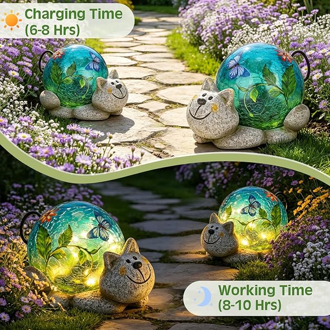 Afirst Solar Garden Statues Outdoor Figurines - Cat Lawn Ornament with Solar Lights Cracked Glass Outdoor Decor for Patio Yard Decorations