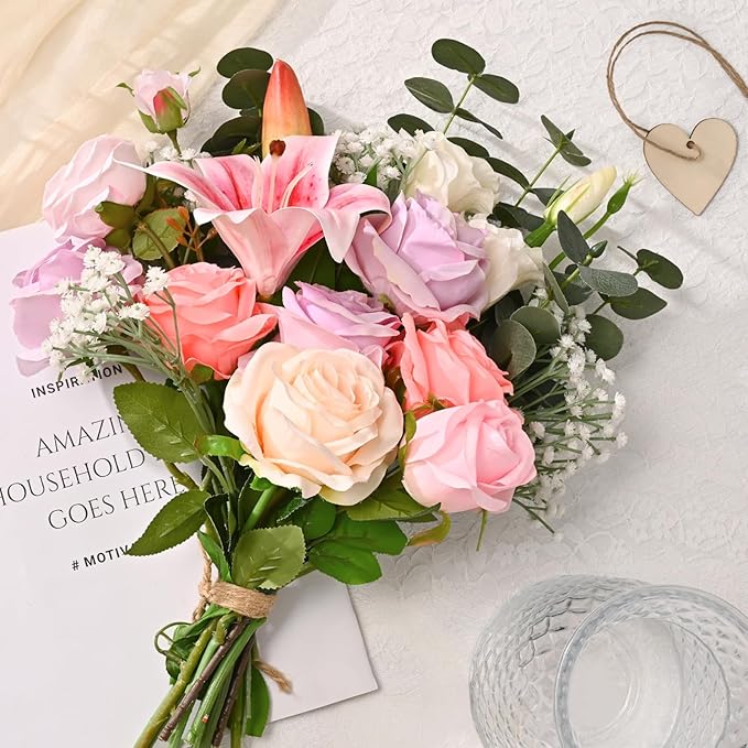 Livole 22Pcs Fake Flowers in Vase Silk Artificial Flowers with Vase & Light Fake Plant Eucalyptus Flower Arrangement for Table Centerpieces Decor for Living Room Coffee Home Farmhouse Purple