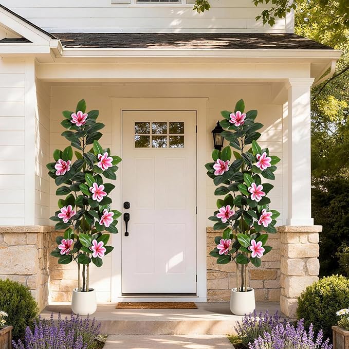 Fiddle Leaf Fig Tree 6FT Tall Artificial Plant, Large Fake Tree in White Planter, Faux Rubber Tree Fake Floor Plant with Magnolia Flowers - Artificial Tree for Home Office Living Room Decor, Pink