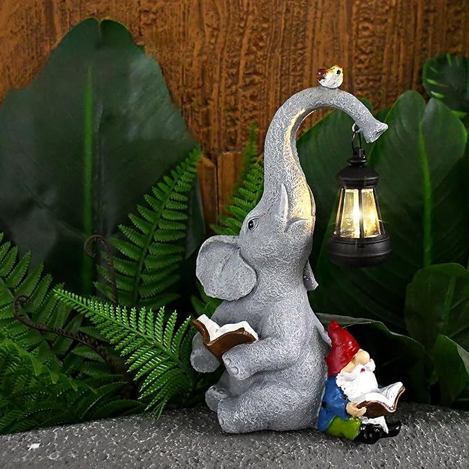 Solar Garden Statue Outdoor Decor Elephant Figurines with Cute Gnome Garden Sculpture, Elephant Statues Patio Ornament Decor for Lawn Balcony Yard, Gifts for Mum Grandmom on Birthday Mother's Day