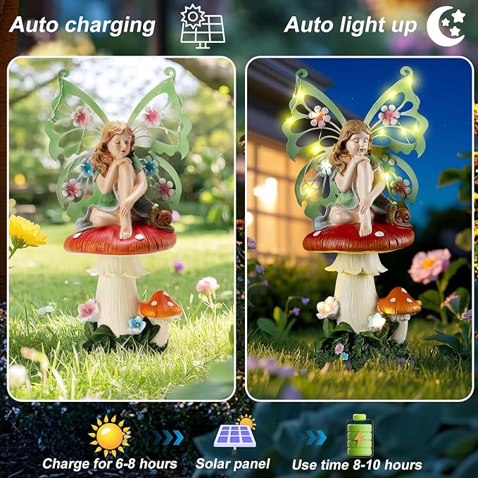 twinbling Solar Fairy Garden Decor Flower Fairies Mushroom Figurines with Snail Decor Gifts for Women Mom Miniature Fairy Figurine for Lawn Garden Patio Yard Decorations Outdoor Statue