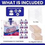 Fly Traps Outdoor Fly Trap for Patio. 9 Non-Toxic Pre-Baited Flies Bags Outdoor Disposable. Hanging Bug Catchers for All Filth Flies Killer for Outside Bug Control in Yard Horse Ranch Trash Can.