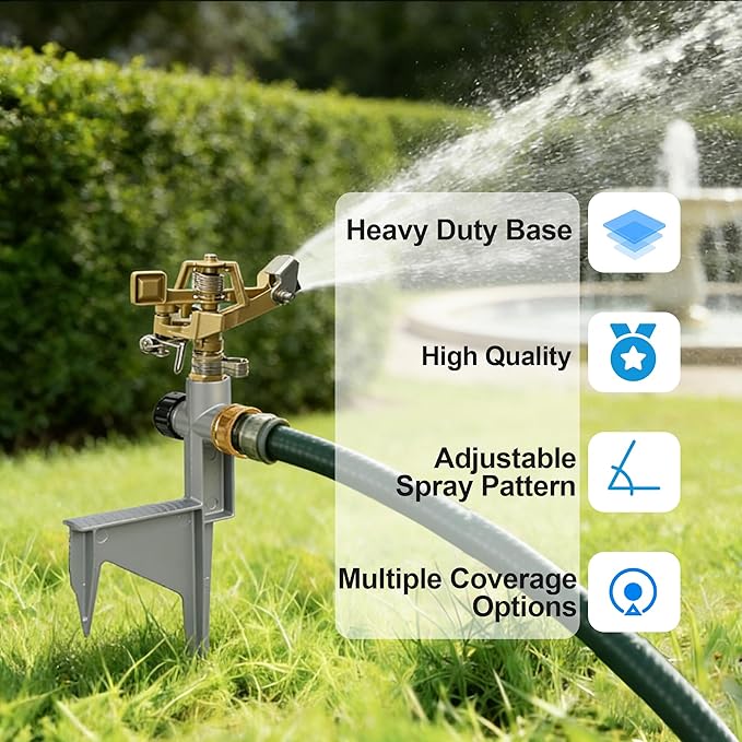 LIULO TOOL 2 Pack Zinc Alloy Impact Sprinklers for Yard, Stainless Steel Pulsating Water Sprinkler Head on Spike Base, Adjustable Water Sprinklers for Large Area Patio Lawn Garden Irrigation