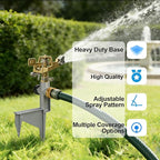 LIULO TOOL 2 Pack Zinc Alloy Impact Sprinklers for Yard, Stainless Steel Pulsating Water Sprinkler Head on Spike Base, Adjustable Water Sprinklers for Large Area Patio Lawn Garden Irrigation