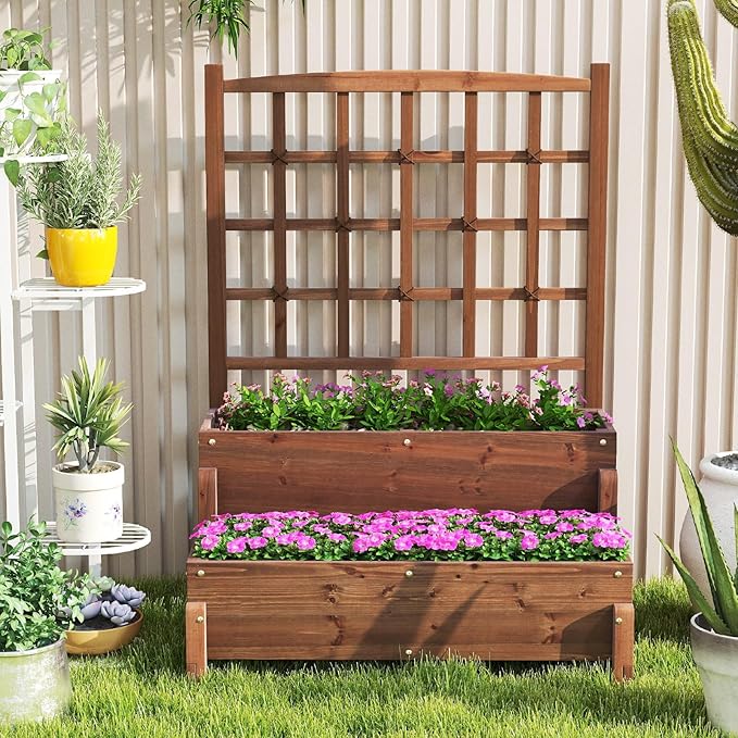 2 Pieces Raised Garden Bed with Trellis, 2-Tier Wooden Elevated Planter Box with Legs, Hemp Rope & Drainage Holes, Raised Plant Bed for Backyard, Garden, Lawn
