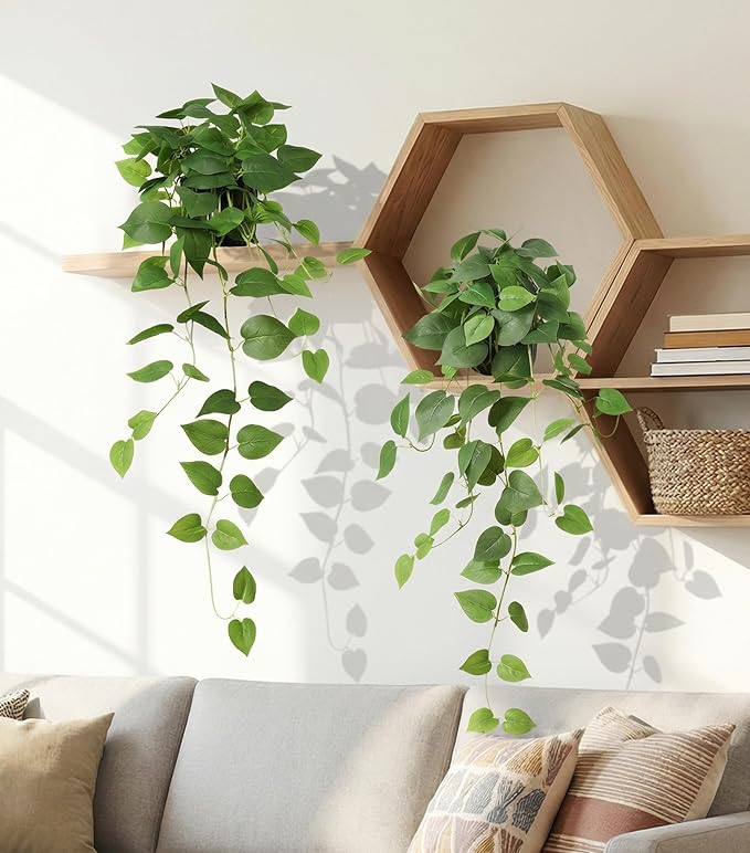 Fake Plants 2 Pcs Faux Pothos Plants Potted Indoor Artificial Hanging Plants Realistic Fake Greenery Table Desk Bathroom Office Bedroom Living Room Shelf Modern Farmhouse Decor Indoor