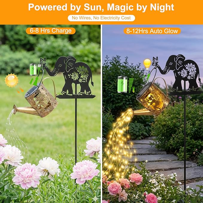 Solar Watering_Can Lights Outdoor Decor with Elephant Stake & Fairy Silhouettes, Cascading String Lights for Garden, Patio, Yard - Waterproof Solar Powered Gift for Mom, Housewarming, Birthday