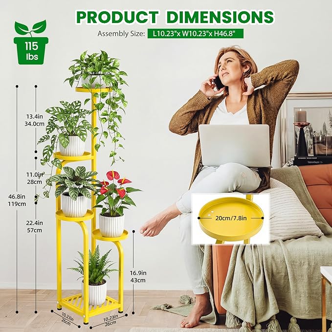TOSKING 5 Tier Tall Plant Stand Indoor Outdoor,Anti-Tip Plant Stand indoor, Wide Base for Pots, Child and Pet Friendly,Heavy Duty Corner Shelf for Plants & Decor, Space Saving ,Tiered Metal Flower Pot Stand for Balcony, Garden, Living Room, Patio (Yell...