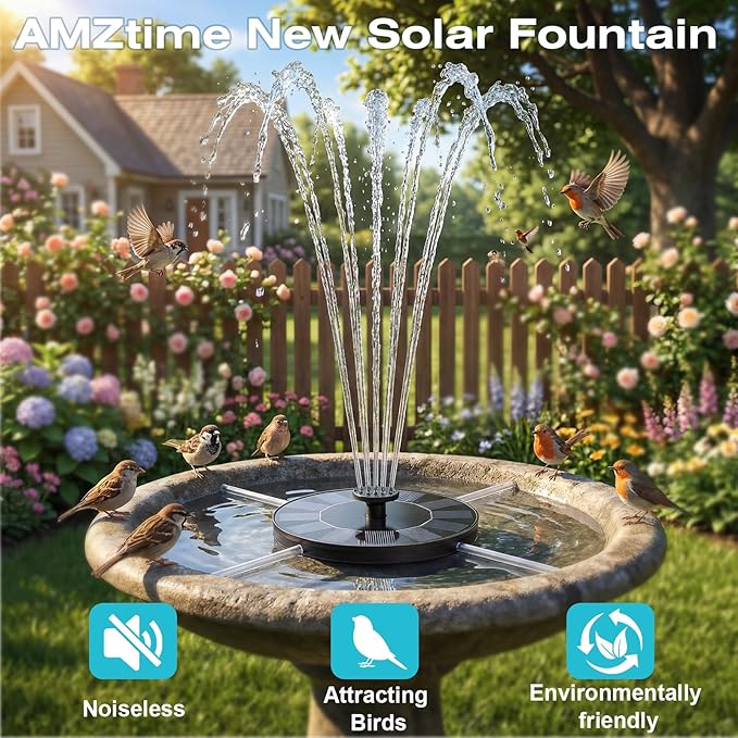 AMZtime 1.4W Solar Bird Bath Fountain with 4 Fixed Rods, Solar Fountain Pump with Upgraded Solar Panels, Solar Powered Floating Water Fountain Pump for Bird Bath, Ponds, Garden, Fish Tank and Outdoor
