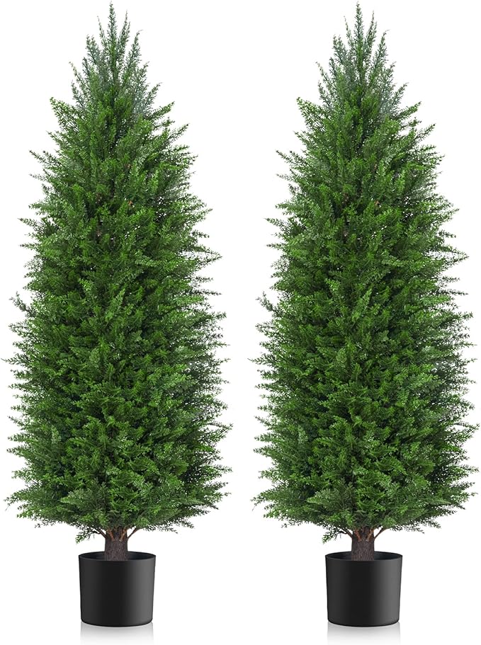 AOKIIE 3FT Artificial Topiary Cedar Plants Outdoor, Faux Pine Trees UV Resistant and Potted, 36 Inch Tall Fake Shrubs Evergreen for Front Porch Decor Set of 2