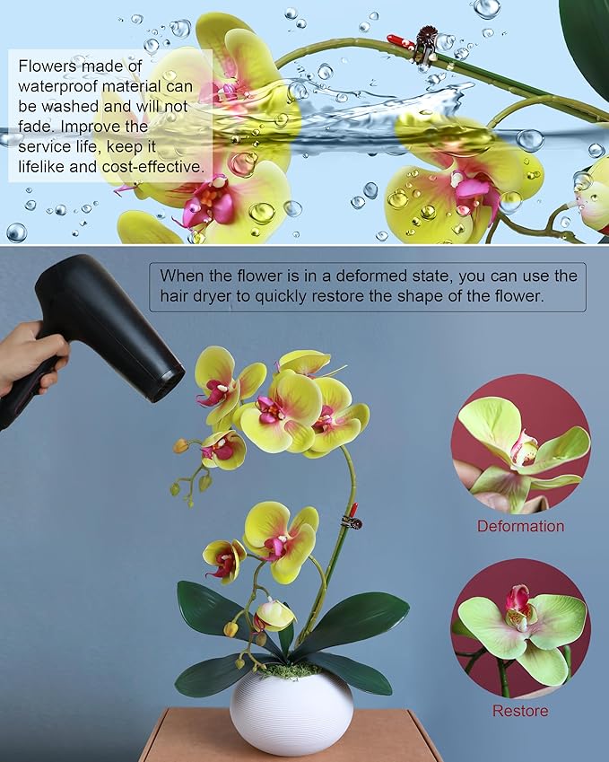 Forlaoers 17" Green Artificial Flowers Artificial Orchids That Look Real with Pot Fake Orchid in Vase for Table Centerpieces Indoor Home Decor Office Bathroom Decoration