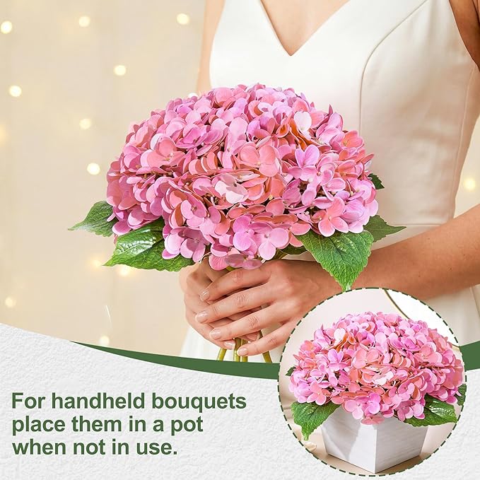 Artificial Hydrangea Flowers Arrangement in Wood Planter, 4PCS Fake Pink Flowers in Wooden Vase Potted Floral Centerpieces for Tables Living Room Home Office Room Shelf Kitchen Decor