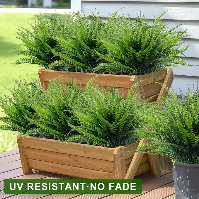 TURNMEON 20 Bundles Artificial Plants Outdoor Faux Boston Fern 17 Inch Long Length Summer Decor, Fake Plants UV Resistant No Fade Plastic Greenery Shrubs Flowers for Garden Porch Indoor Cemetery Decor