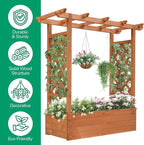 Outvita Raised Garden Bed with Trellis, Wood Planter Box with Hanging Roof, Side Trellis and Drainage Holes, Above Ground Elevated Garden Bed for Outdoor Climbing Plants Vines Vegetables (Teak Color)