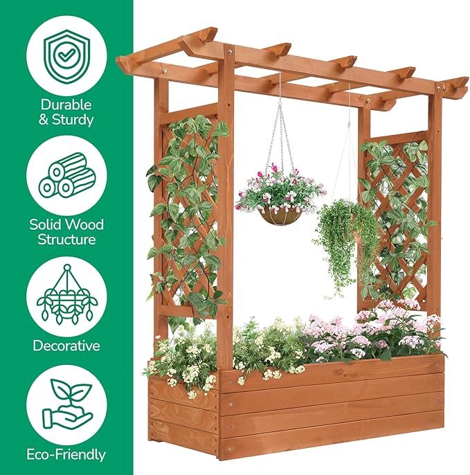 Outvita Raised Garden Bed with Trellis, Wood Planter Box with Hanging Roof, Side Trellis and Drainage Holes, Above Ground Elevated Garden Bed for Outdoor Climbing Plants Vines Vegetables (Teak Color)
